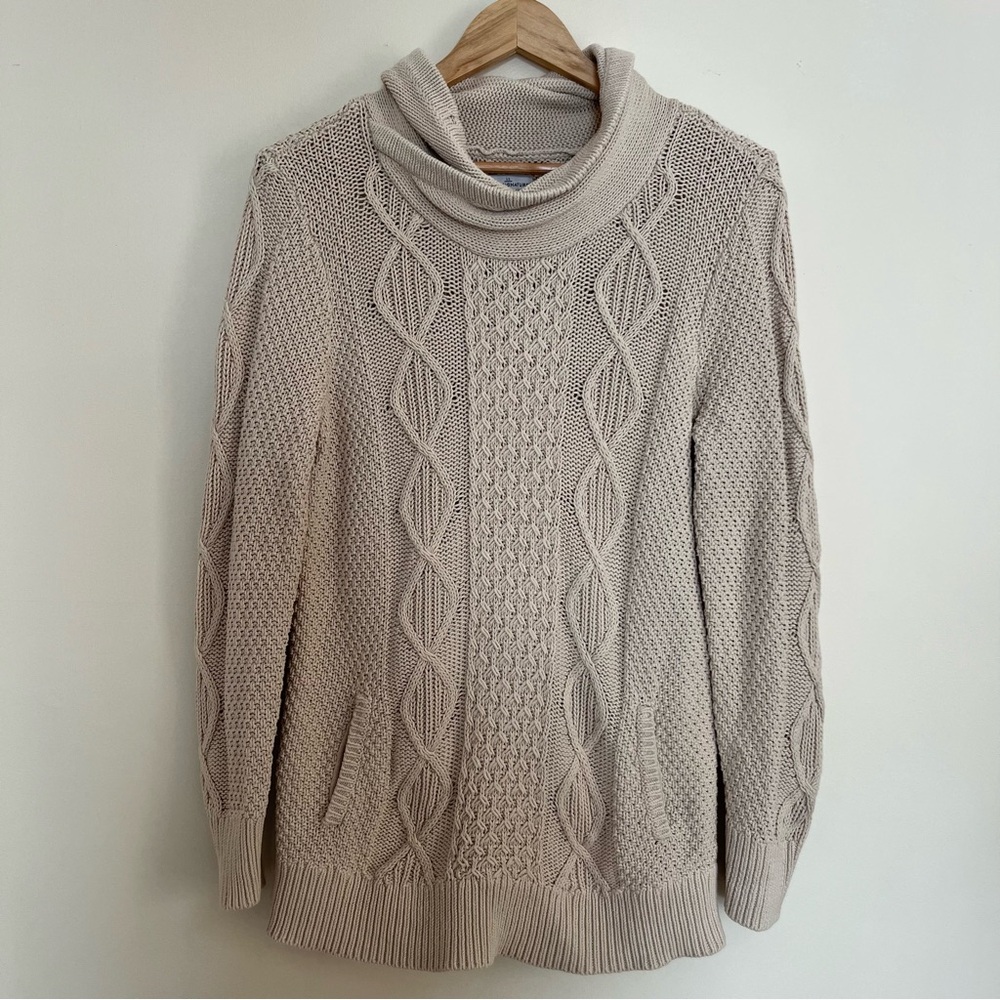 LL Bean 100% Cotton Fishermen Style Light Cream Beige Cable Knit Long Sweater M